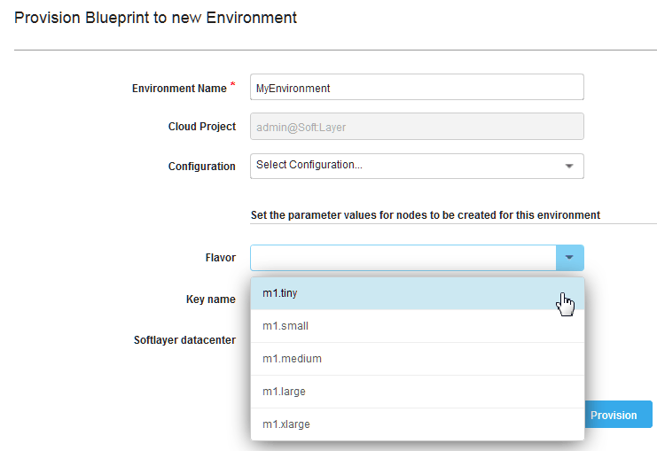 The Provision Blueprint to new Environment window, showing the list of flavors for the cloud