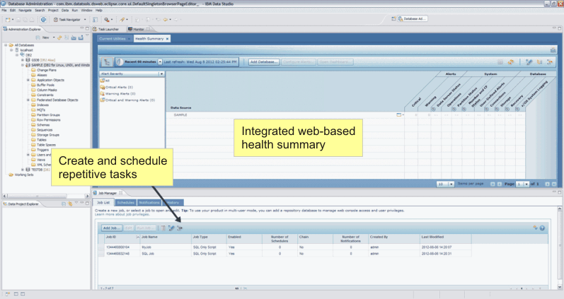 The Data Studio client with the embedded web console view for job management and health monitoring tasks.