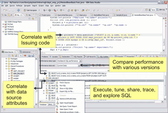 The Data Studio client showing the Java perspective that you use for development tasks.