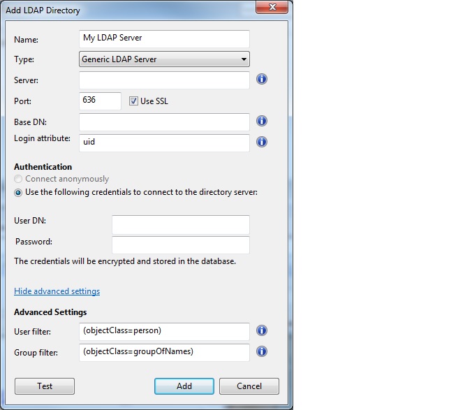 This window displays the Add LDAP Directory dialog with advanced settings.