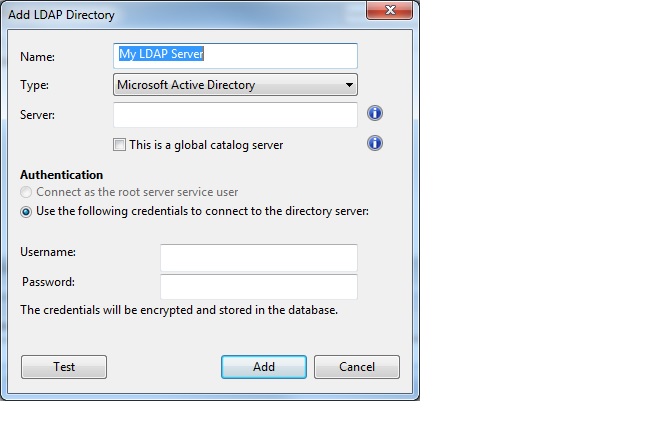 This window displays the Add LDAP Directory dialog where Microsoft Active Directory is selected from the type pull-down.