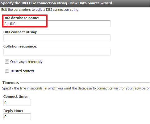 Specify the IBM DB2 connection string DB2 database name New Data Source wizard.