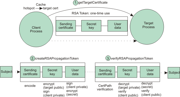 The figure later in this section is an overview of the RSA token authentication mechanism and describes the process that takes place when a request is sent from a server-as-client to a target server.    The server-as-client has an administrative subject on the thread that is used as input to create the RSA token.   The other information needed is RSA public certificate of the target server.   This certificate must be retrieved by making a “bootstrap” MBean request to the target process prior to sending any real requests.   The target bootstrap request retrieves the public certificate from the target process.    When creating an RSA token, the primary purpose of obtaining the target's public certificate is to encrypt the secret key.   Only the target can decrypt the secret key, which is used to encrypt the user data.
