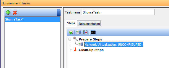 A Network Virtualization action added to the Prepare Steps section of an environment task
