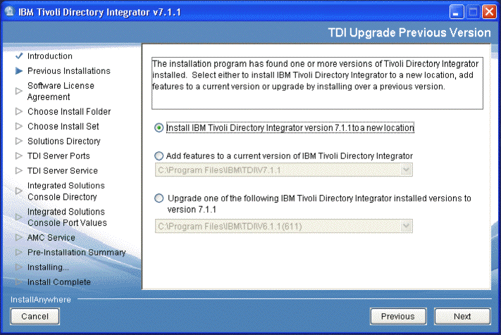 Upgrade options in case of a previous version of TDI