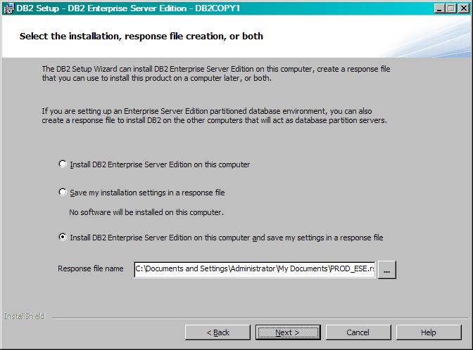 A view of the Select installation, response file creation, or both Panel.