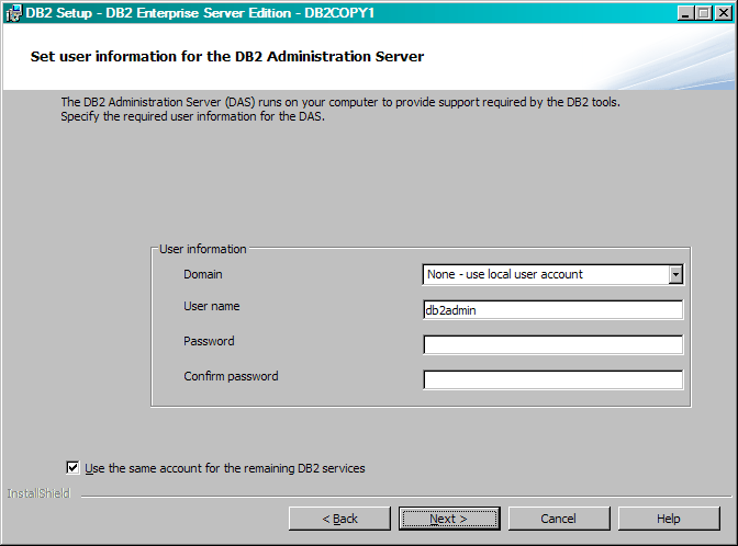 A view of the Set user information for the default DB2 instance Panel.