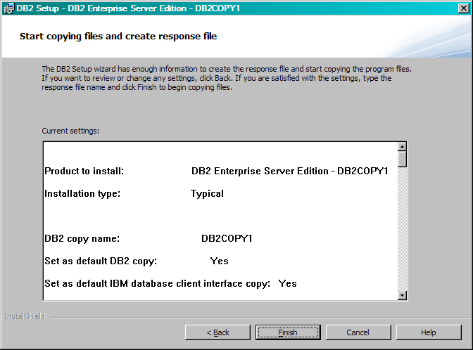 A view of the Start copying files and create response file Panel.