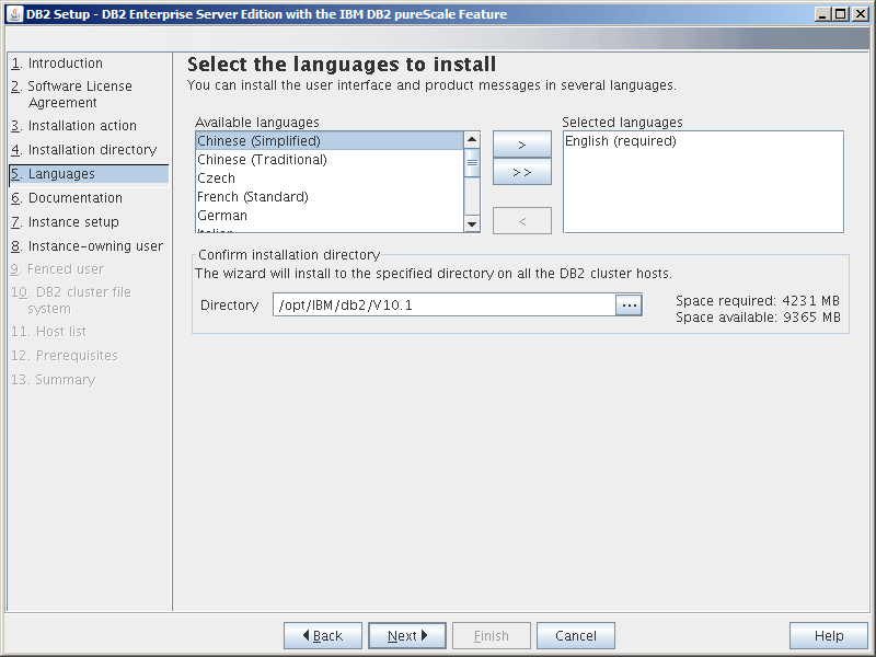 A view of the Select the language to install Panel