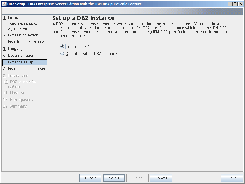 A view of the Set up a DB2 instance Panel