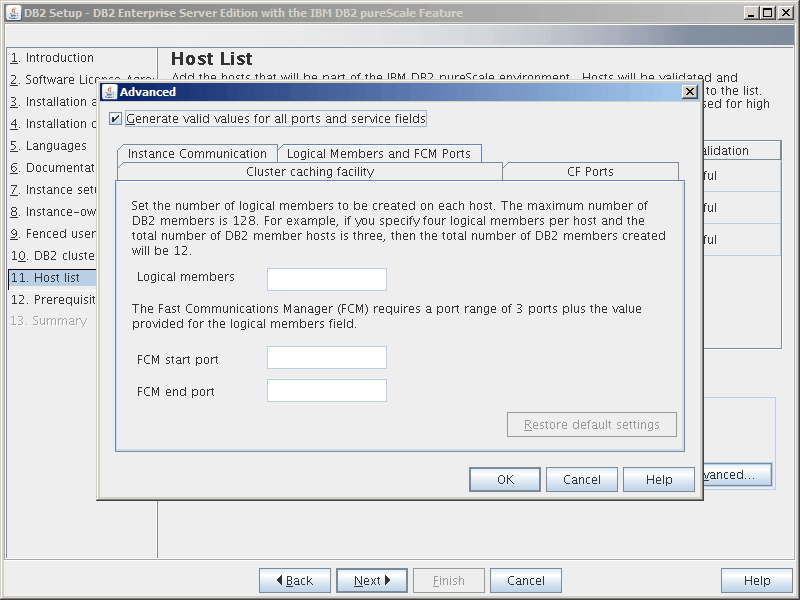 A view of the Advanced Instance Settings - Logical members and FCM Ports tab