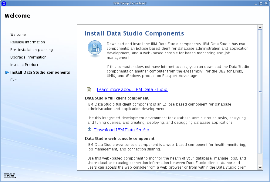 A view of the Install Data Studio components Panel.