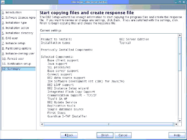 A view of the Start copying files and create response file Panel.