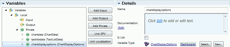 Screen capture that shows the variables that are listed in the table under the Private node