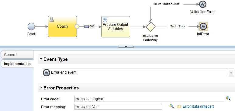 An example of a couple of error end events that are implemented in a client-side human service. The diagram shows a service flow that consists of a start event, a coach, and a script that is connected to two error end events through an exclusive gateway.