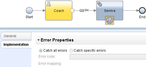 An example of error boundary event implementation in a client-side human service. The diagram shows a service flow that consists of a start event, a coach, a service, and an end event. The service node has an error boundary event that is attached to it.