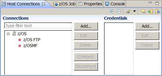 A screen capture of the Host Connections view in the z/OS Explorer, showing the z/OS connection categories.