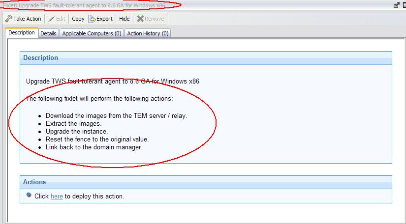 Description tab for the action: Upgrade Tivoli Workload Scheduler agent