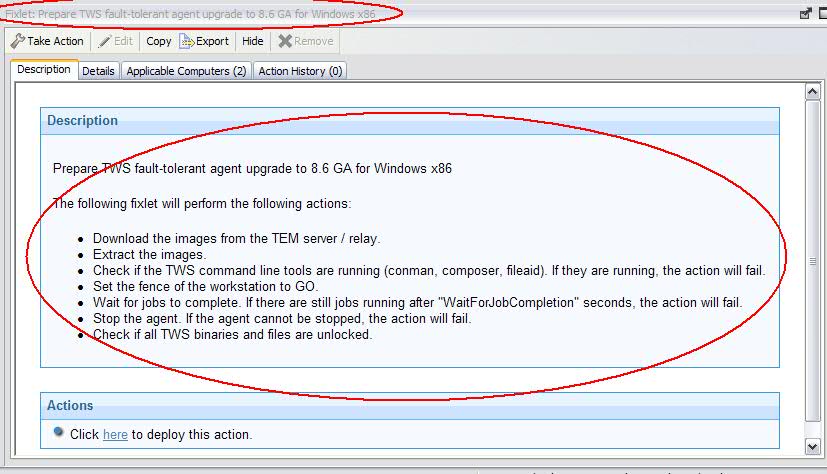 Description tab for the action: Prepare the upgrade of the Tivoli Workload Scheduler agent