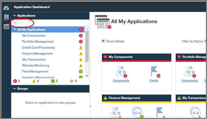 Application Performance Dashboard with navigator Applications toolbar highlighted