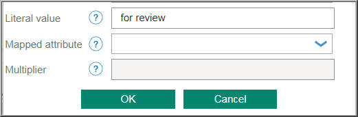 Edit Slot panel partial view with these fields: Literal value is "for review" and Mapped attribute is not filled in.