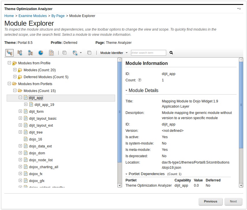 Module explorer to examine modules by page in fix pack 03.