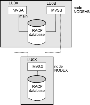 An RRSF network containing a single-system node and a multisystem node