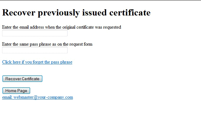 Web page to recover a certificate