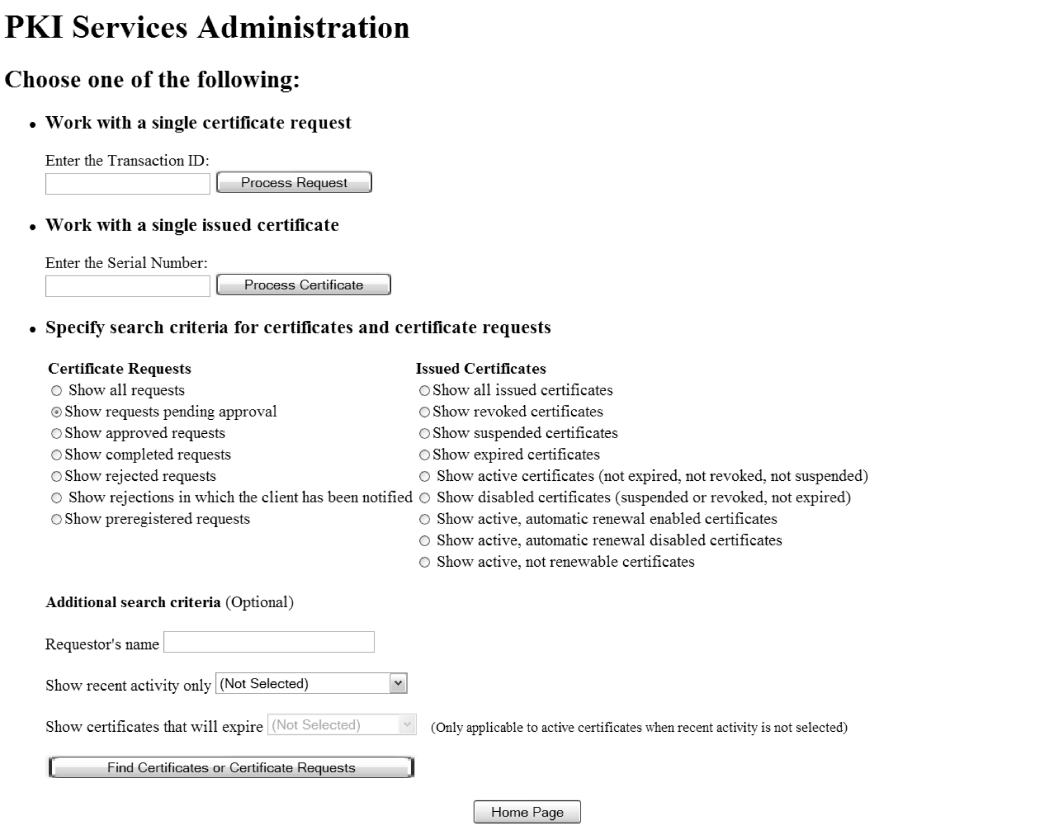 PKI Services administration home page