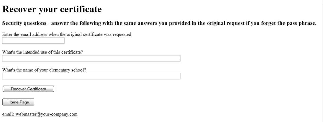 Web page requesting answers to security questions when you have forgotten the passphrase