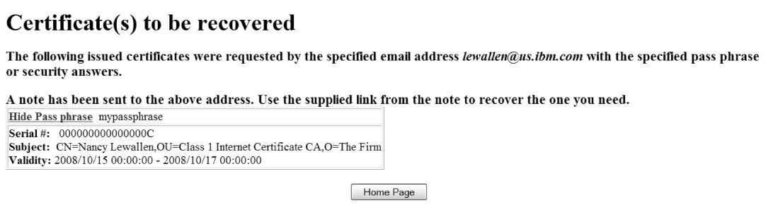 Web page showing the passphrase for a certificate to be recovered