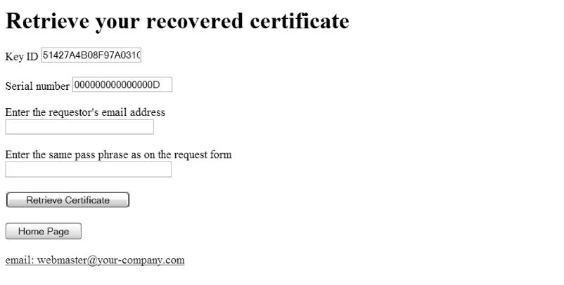 Web page to retrieve a recovered certificate