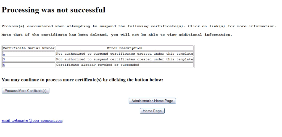 Processing of certificate was not successful web page