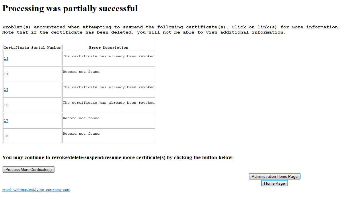 Processing of certificate was partially successful web page