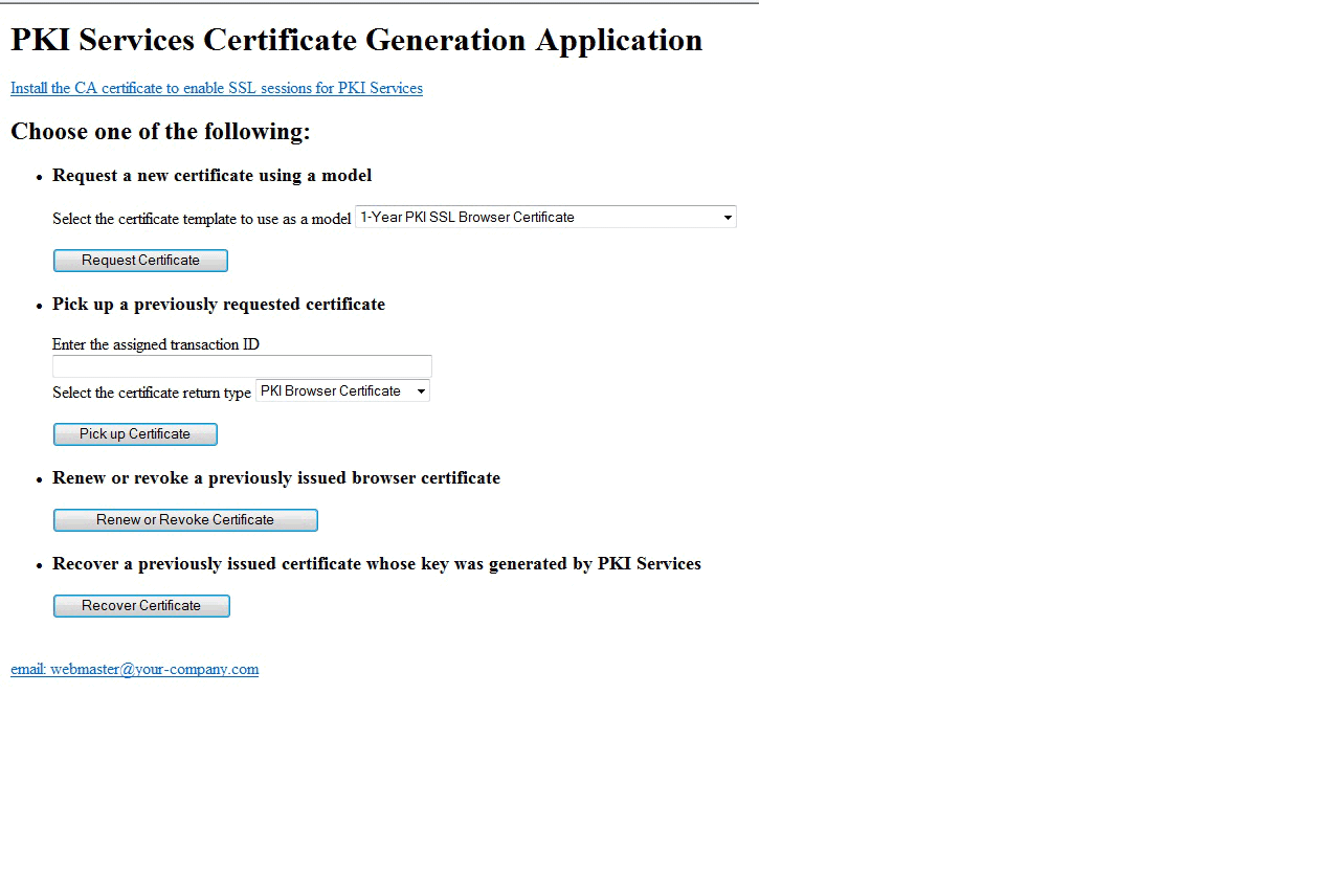 PKI Services end-user home page for certificate generation