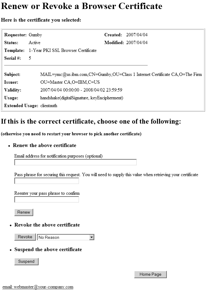 Renew or revoke a certificate web page