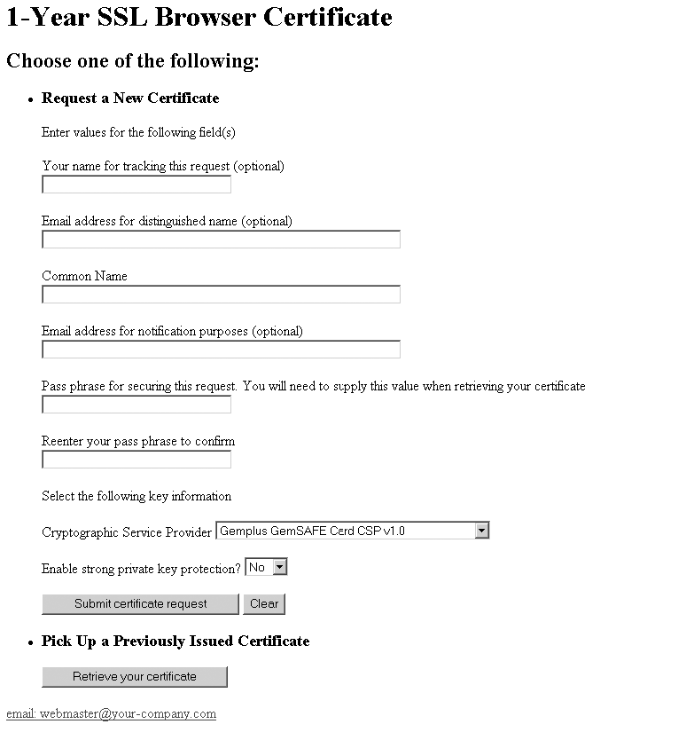 One-year SSL browser certificate request form