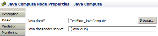 The diagram shows that the Java classloader service property on the JavaCompute node is set to {sharedLibraryName}.