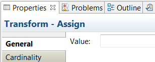 This figure shows the general tab in the Properties view for the Assign transform.