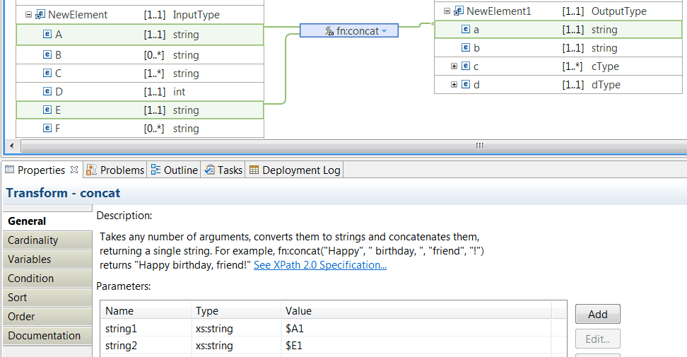 This figure shows the fn:string-join transform with 2 inputs and 2 arguments.