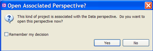 This figure shows the Open associated perspective? window where you are asked if you want to open the data perspective or not.
