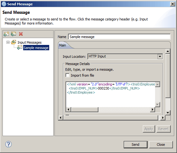 Screen capture that shows Send message dialog with Sample message selected.