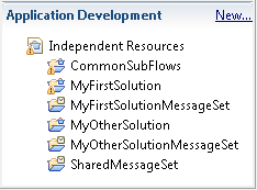 This graphic shows the imported resources under the Independent Resources folder in the Version 9.0 IBM Integration Toolkit.