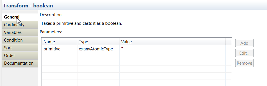 This figure shows the general tab in the Properties view for the Assign transform.