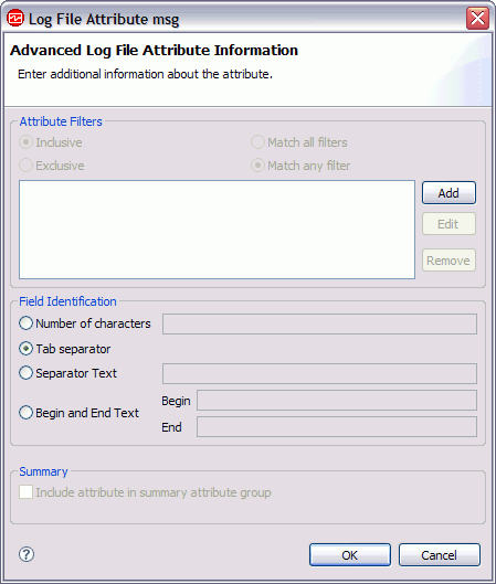 Advanced Log File Attribute Information page with Tab separator selected in the Field Identification section