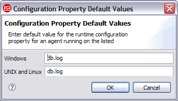 Configuration Property Default Values window with both Windows and UNIX and Linux fields completed.