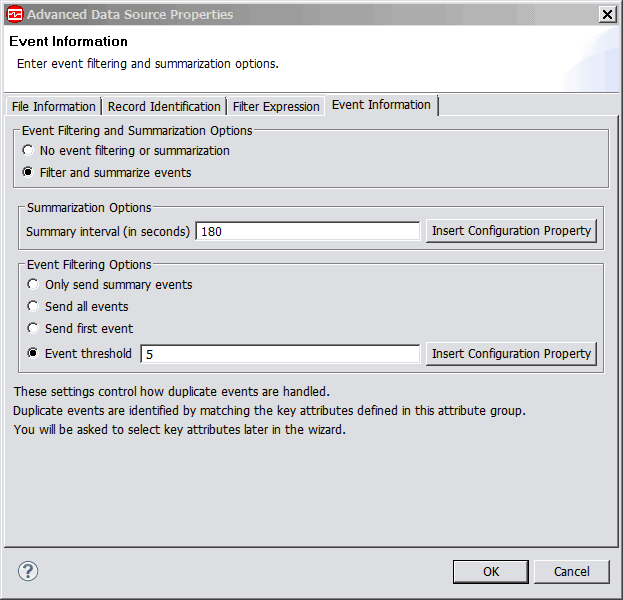 Advanced Data Source Properties page with the Event Information tab displayed