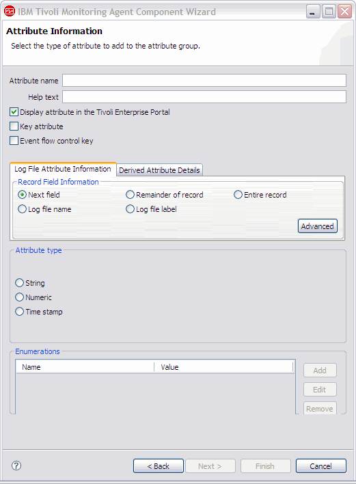 Attribute Information page with fields for entering attribute information and the Display attribute in the Tivoli Enterprise Portal box checked