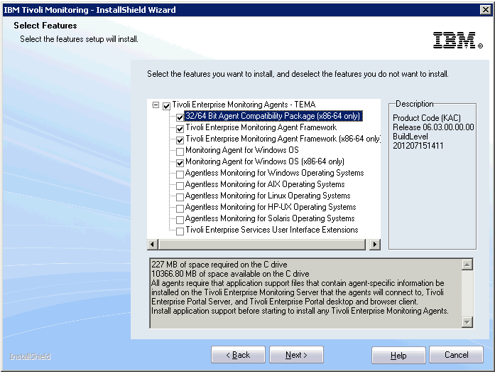 This graphic shows the installer's agent-selection screen with the Agent Compatibility Package selected.