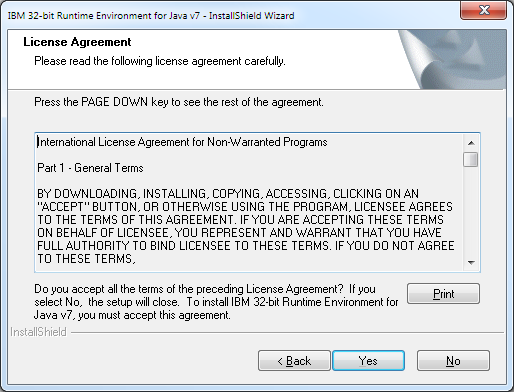 IBM Java 7 Software License Agreement window